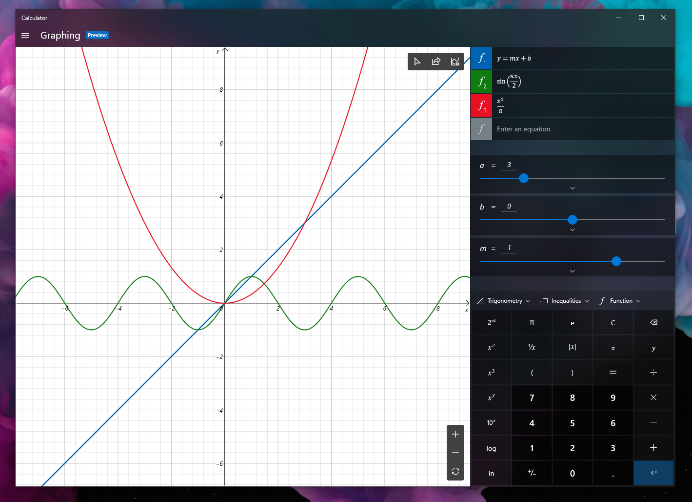 Screenshot showing three different equations plotted on the graph.Screenshot showing three different equations plotted on the graph.