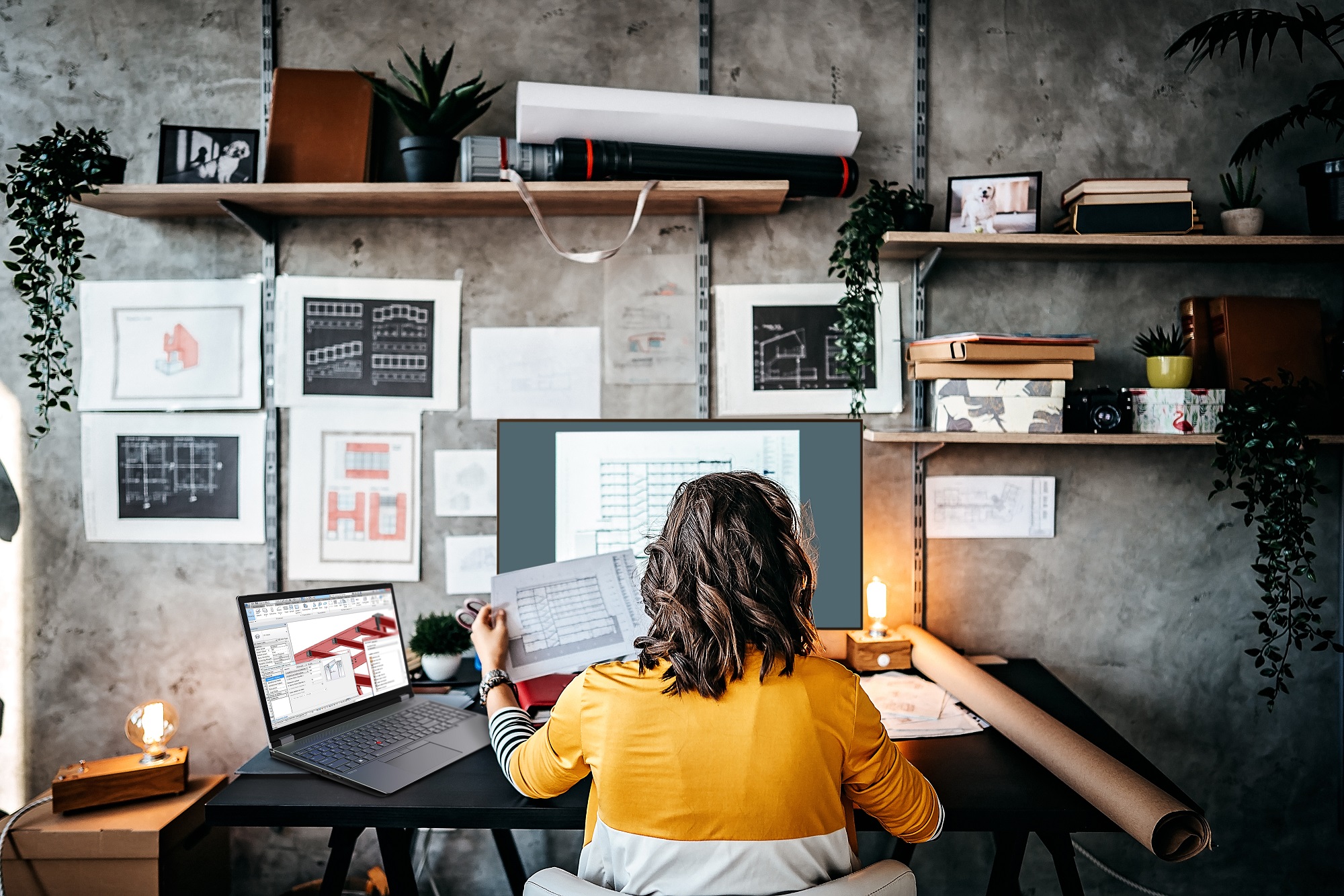 Person sitting at a table as seen from behind, working on laptop and surrounded by architect documents