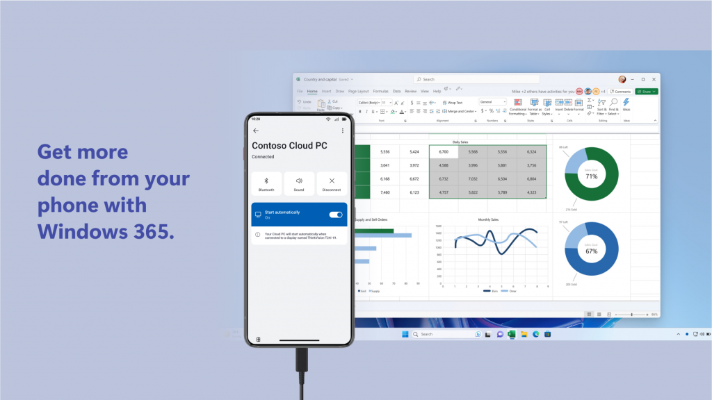 A mobile phone next to an Excel file, along with the words Get more done from your phone with Windows 365