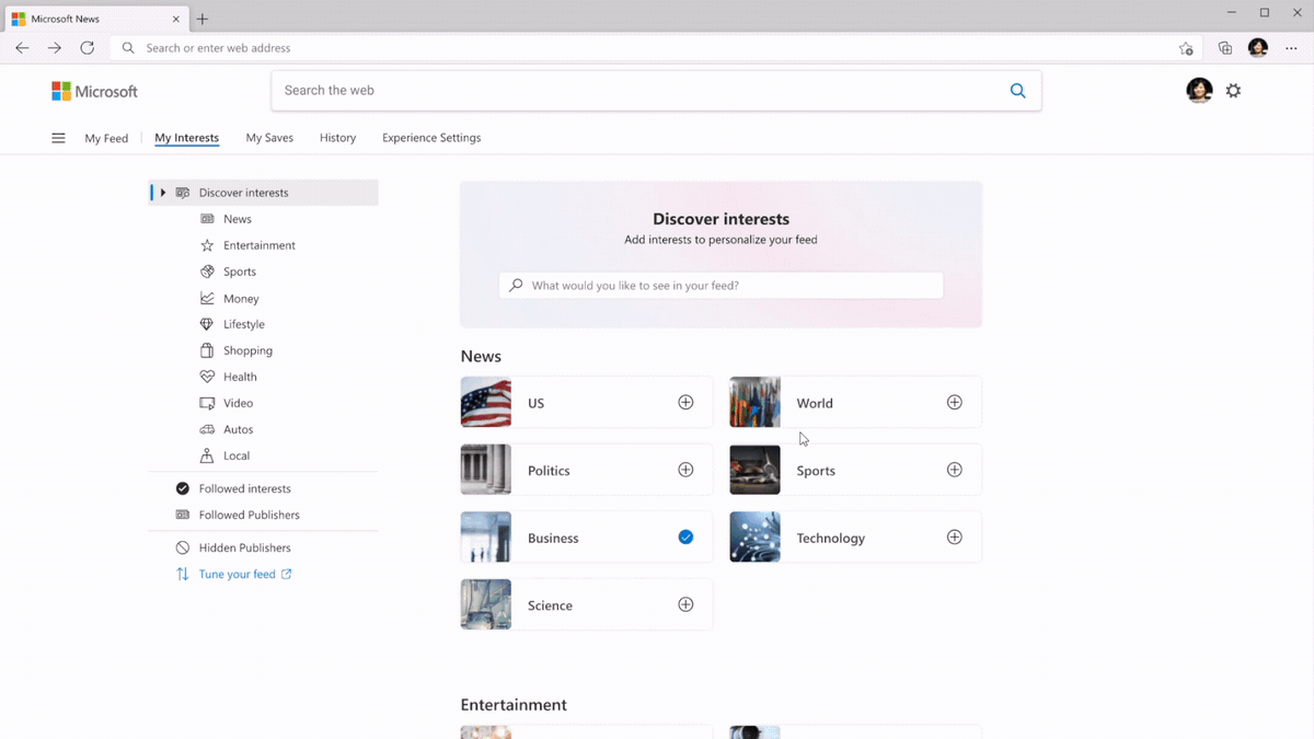 The “My interests” page enables you to follow topics you’re interested in and tune your feed with publishers and articles that pique your interest