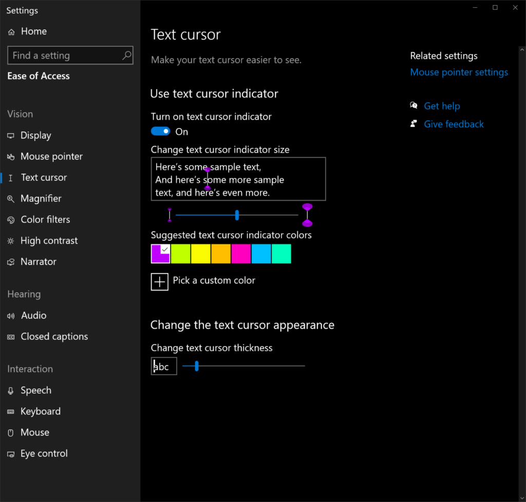 New Ease of Access settings that make text cursors easier to see and use