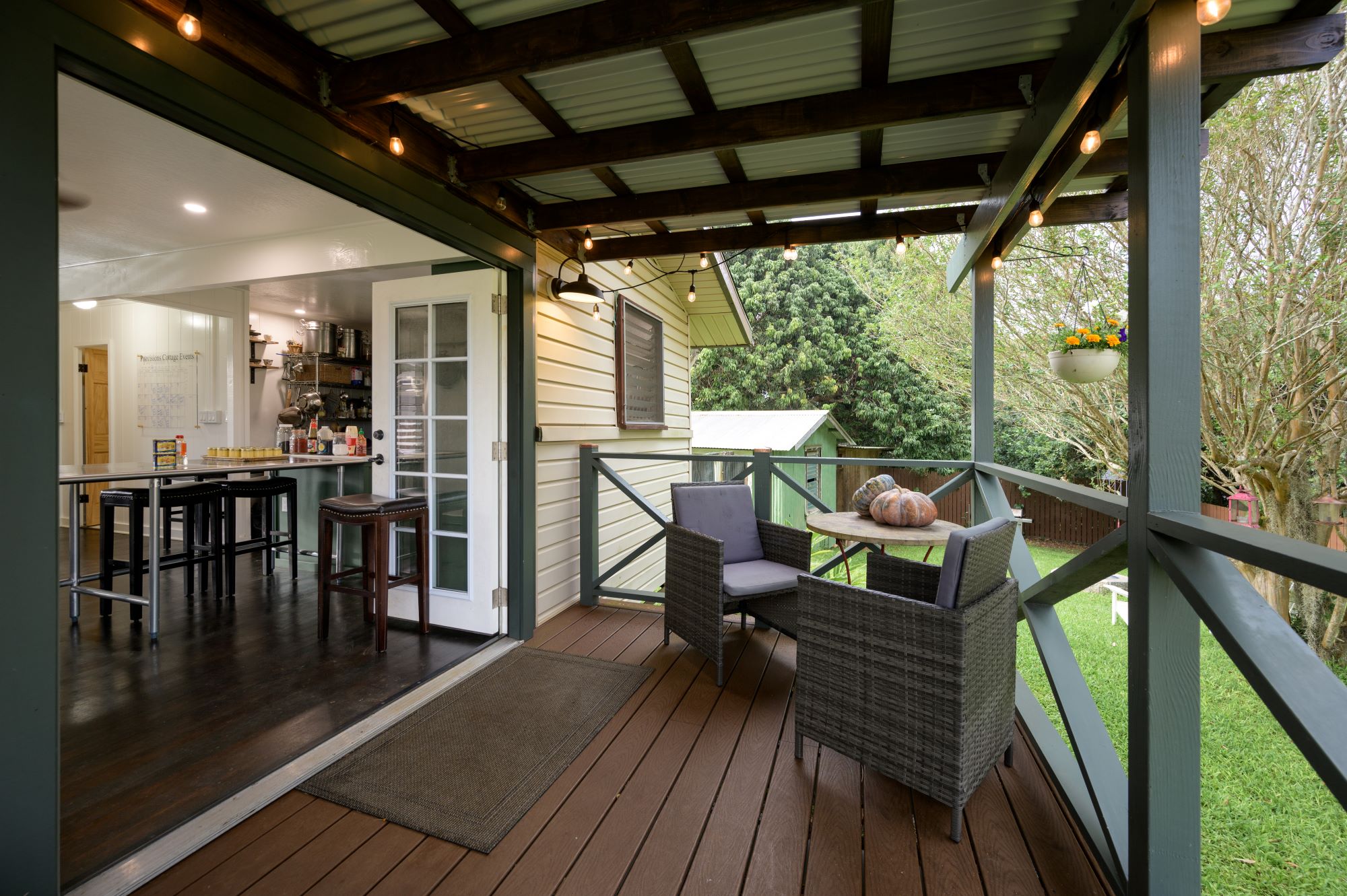 View of the kitchen and patio at Thomas' cottage