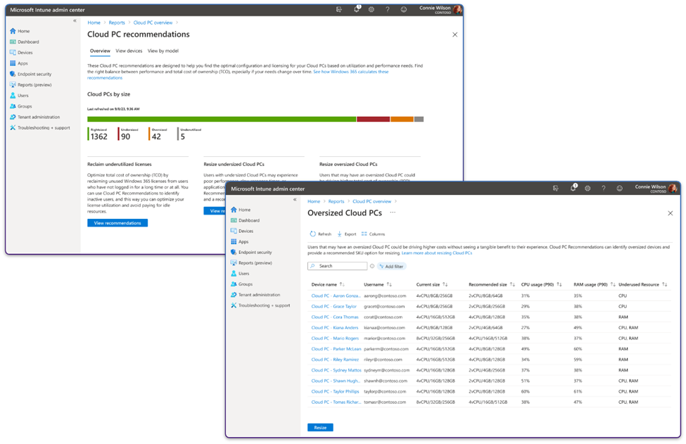 AI-powered Windows 365 Cloud PC recommendations screen