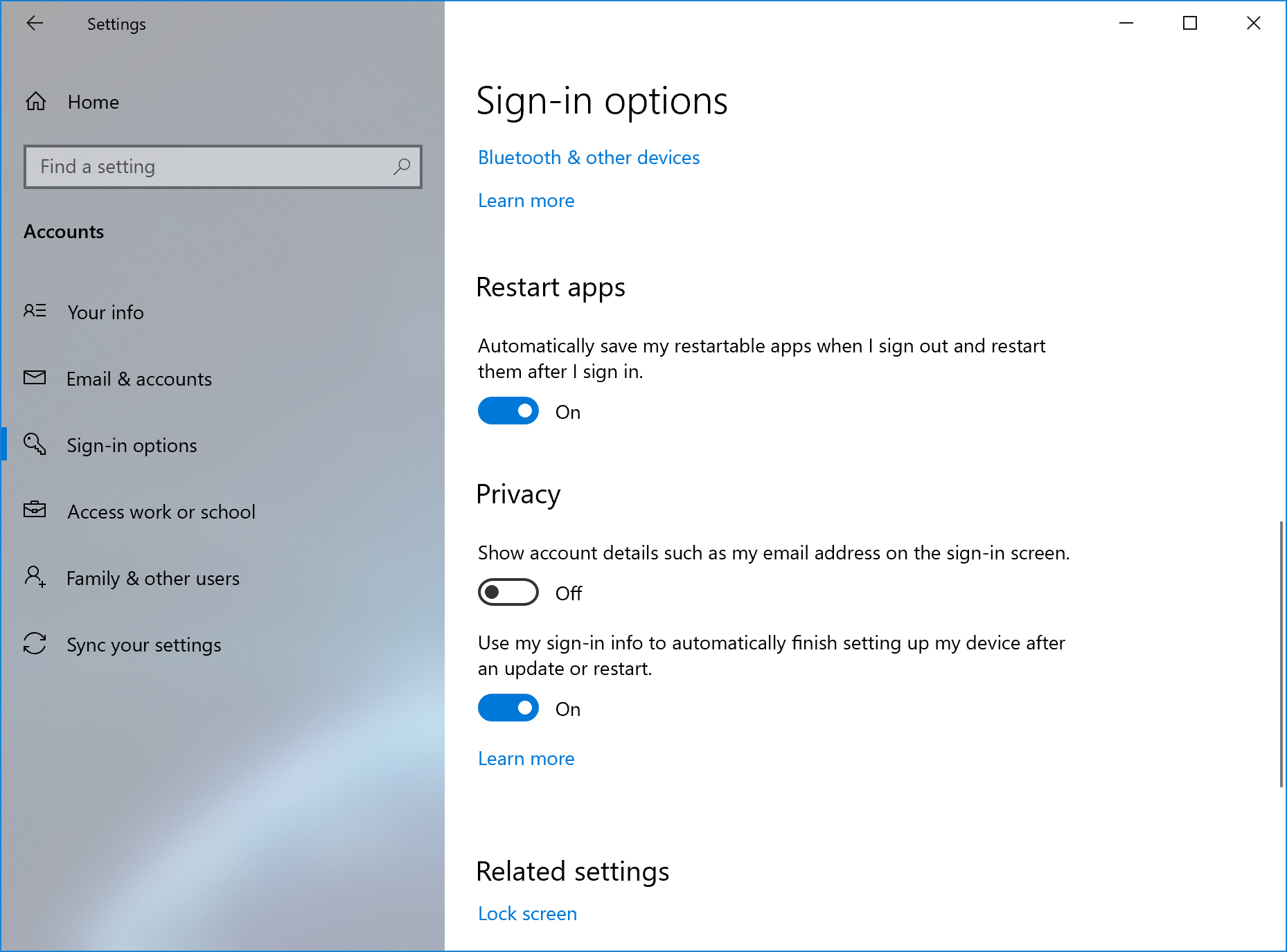 Showing Sign-in Settings, with the separated toggles described above.