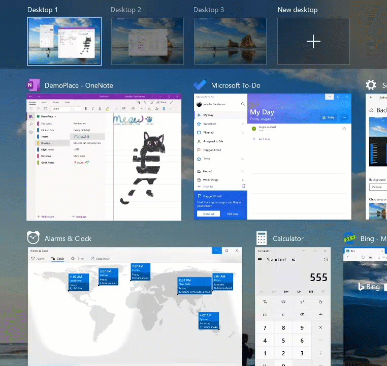 Showing virtual desktops in Task View, all of which have names set.