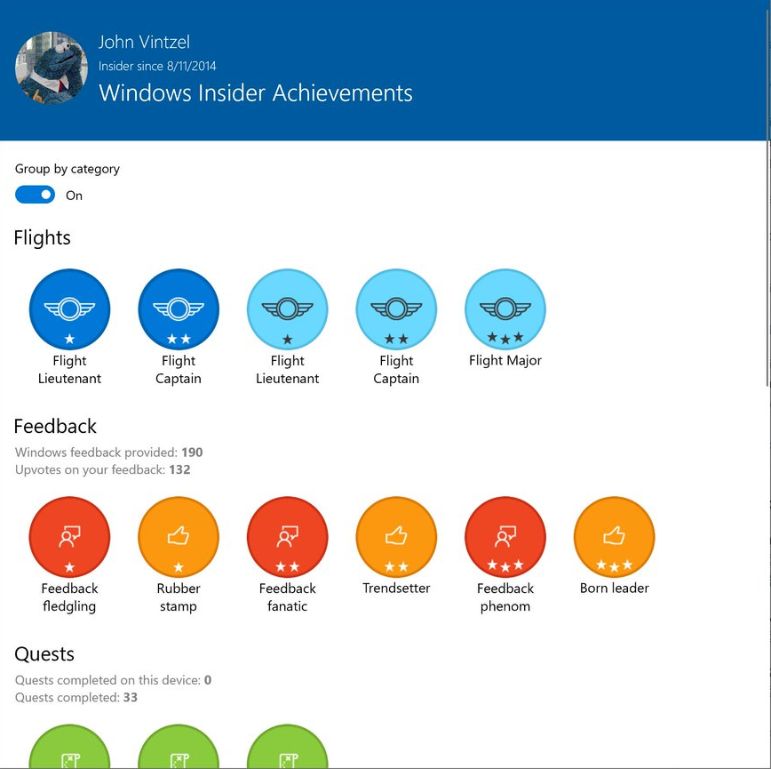 View of the refreshed Windows Insider Achievements, grouped by categories.