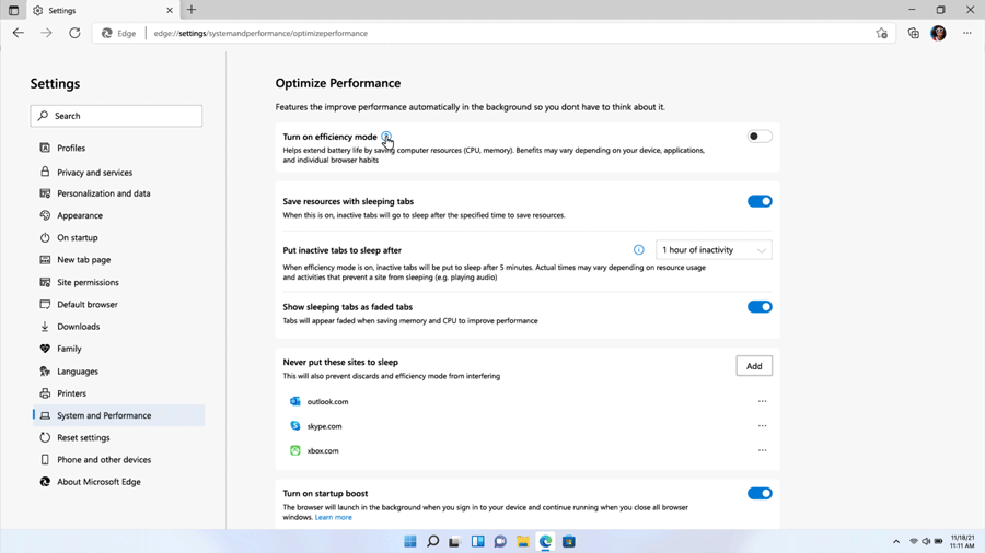 Efficiency Mode user interface