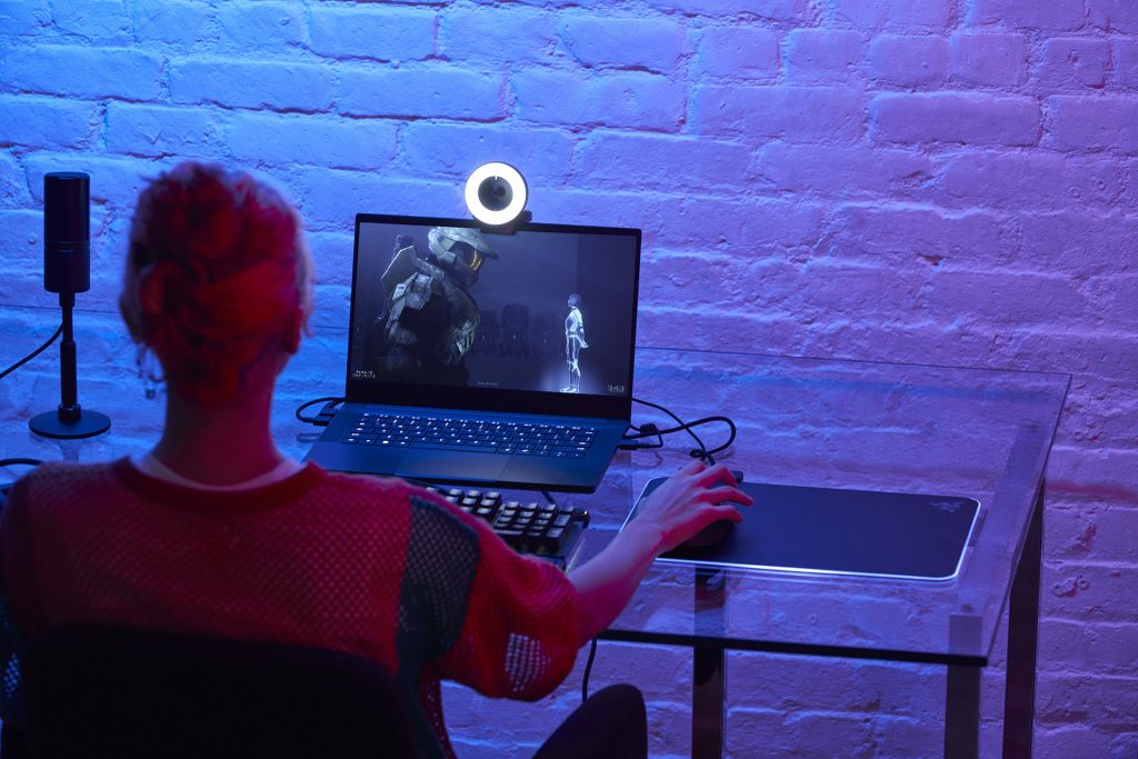 Woman playing a game on a laptop computer