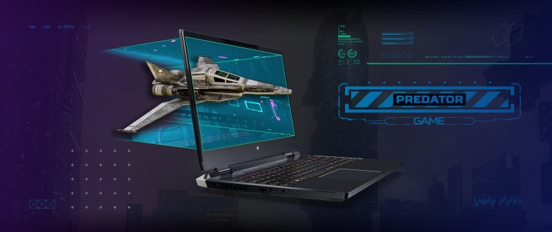 Space ship flying through display screen of laptop