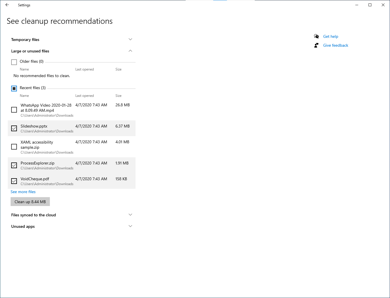 User cleanup recommendations is made up of 4 sections: Temporary files, Large or unused files, Files synced to the cloud and Unused apps. 