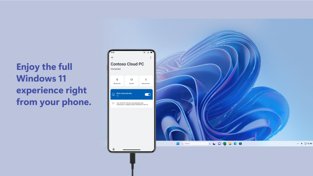 A mobile phone next to the Windows 11 desktop, along with the words Enjoy the full Windows 11 experience right from your phone