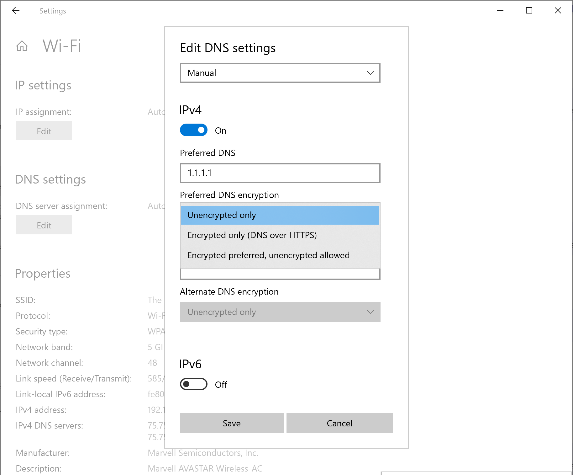 The new Edit Network DNS settings popup in Settings.