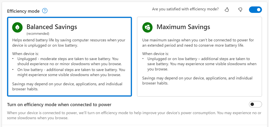 Efficiency mode user interface