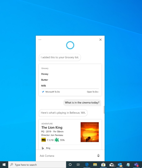 Showing the new Cortana app – she’s just added something to the groceries list, and responds to the next question with what’s playing at the movies.