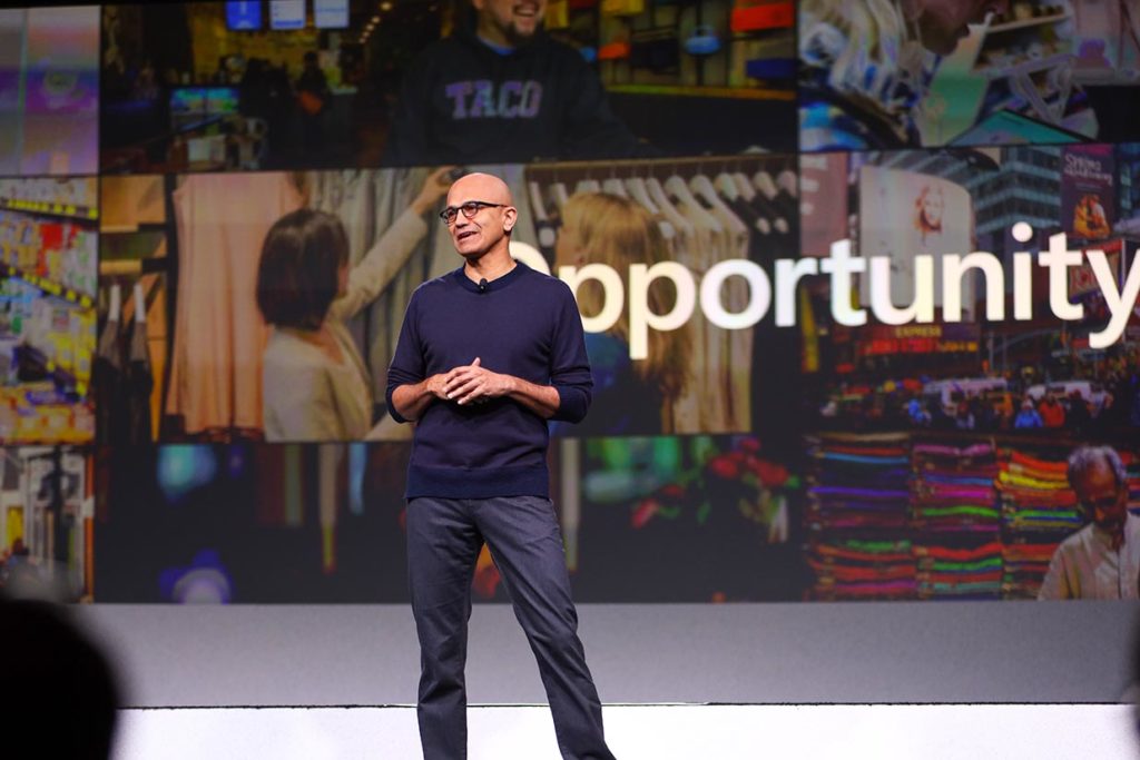 Microsoft CEO Satya Nadella delivers the opening keynote at NRF 2020