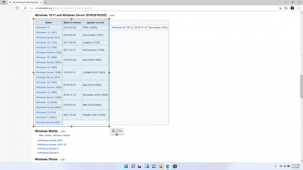 Web select in Microsoft Edge that allows you to copy text, tables and other online content