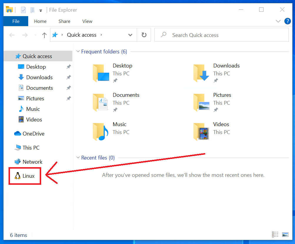 Pointing out the Linux entry in the File Explorer navigation pane. 