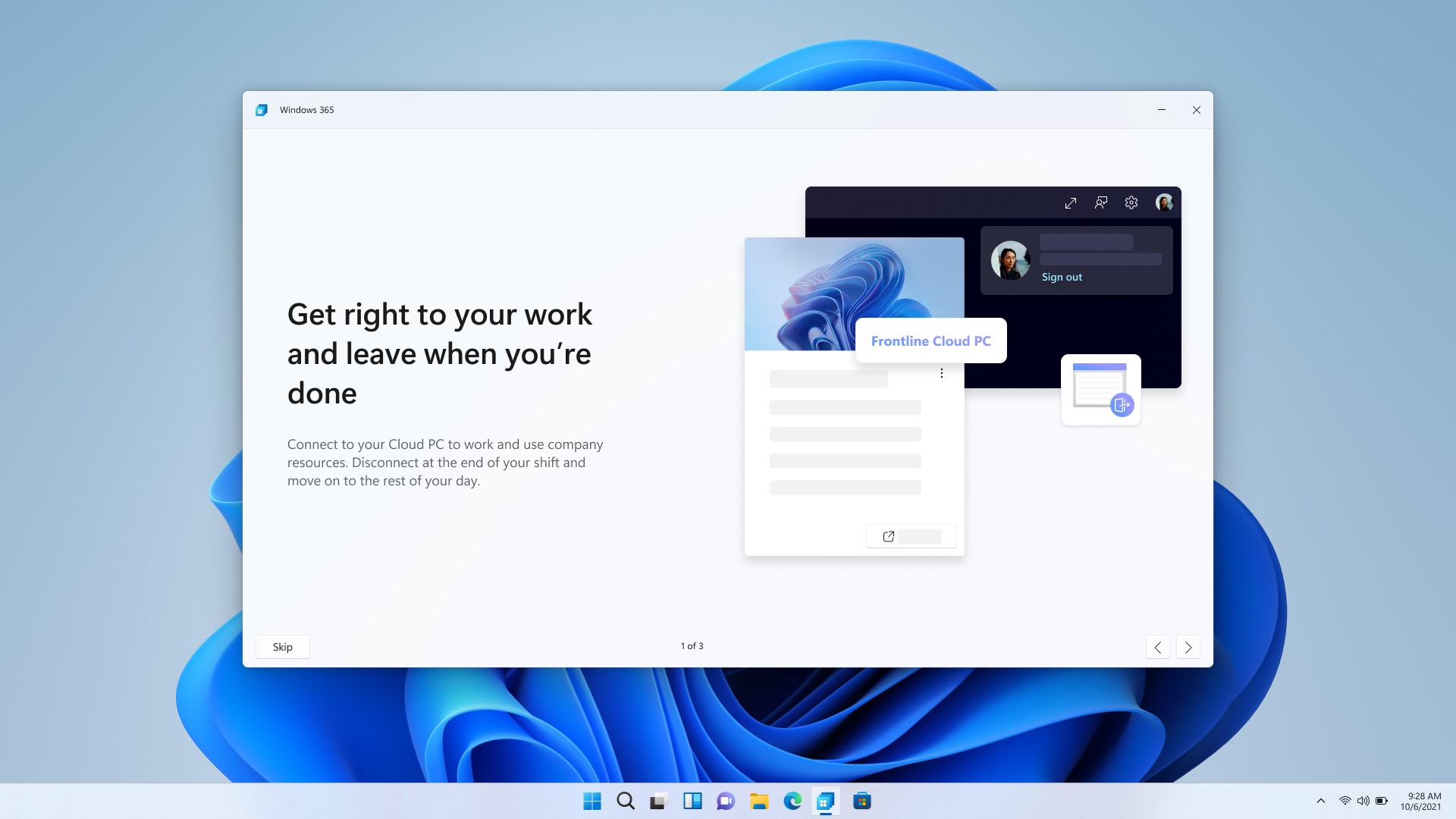Frontline Cloud PC user interface, along with text headed Get right to your work and leave when you're done